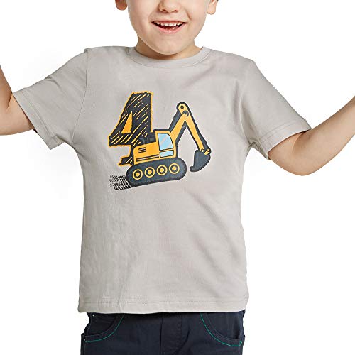 AMZTM 4º Cumpleaños Camión de Construcción Party Camiseta 4 Años Niño Bebé Manga Corta Suministros de Fiesta de Cumpleaños 100% Algodón Estampada Gris Top
