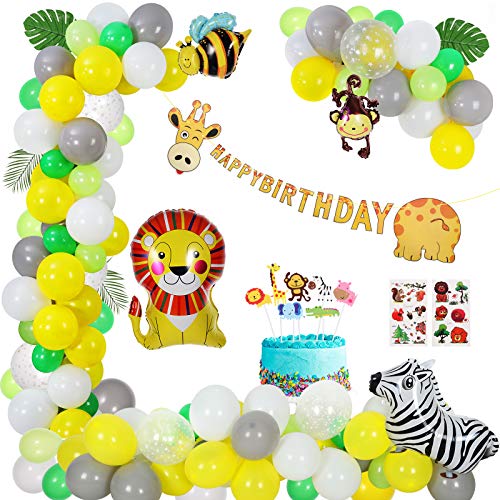 Animales Decoracion Cumpleaños Globos, Niños Fiesta Safari Bosque Selva Niño-Feliz cumpleaños Feliz con Hojas de Palma Globo Kit