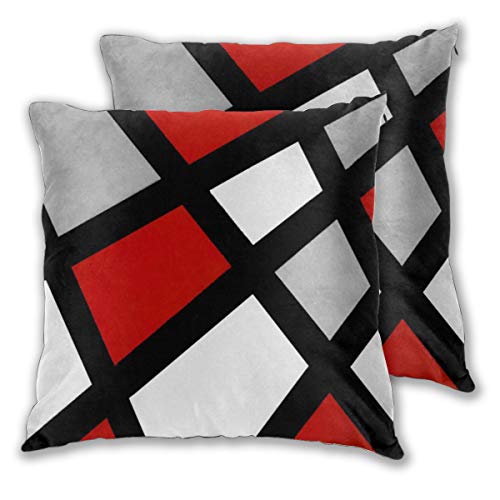 Art Fan-Design Juego de 2 fundas de cojín geométricas, color rojo, gris, negro, blanco, cuadrado, para sofá, silla, sofá, dormitorio, decoración