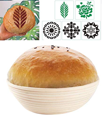 awtlife 9 pulgadas Bread Banneton Proofing Basket with 5 pcs Artisan Bread Stencils Round Rising Dough Baking Bowl Gifts for Artisan Bread Making Starter