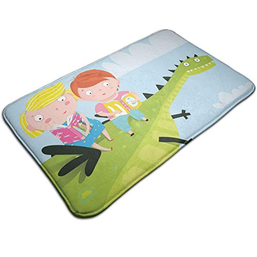 Bathroom Rugs Bath Mat Door Mats，Cute Boy and Girl Sitting and Reading On A Dragon Flying Up In The Sky Fairytale，Rug for Inside Outdoor