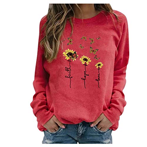 BOIYI Women's Crewneck Long Sleeve Top T-Shirt Sunflowers Printed Casual Loose Pullover Blouse Solid Colour Jumper Sweatshirt(Red,XXXXXL)