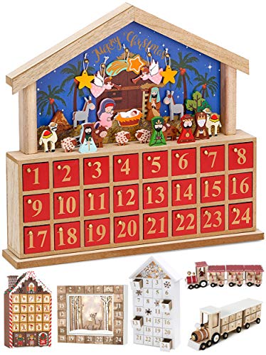 BRUBAKER Calendario de Adviento de Madera Reutilizable para Rellenar - Belén con 24 Puertas - DIY Calendario de Navidad 34.5 x 32 x 6 cm