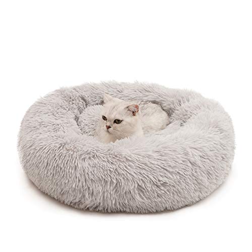 Cama para gatos y perros de peluche suave donut cama de 60 cm de diámetro redonda para dormir para gatos pequeños perros y mascotas (gris claro)