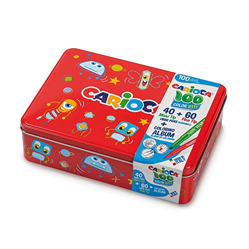 Carioca Box | Caja de Lata con 100 Rotuladores Superlavables con Punta Fina y Maxi y Álbum para Colorear (Rojo)