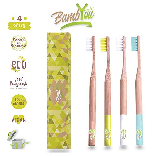 Cepillo de dientes de bambú de bambú - Pack de 4 - Natural - Biodegradable - Vegan - no agresivo para las encías - suave, flexible y agradable, limpia eficazmente