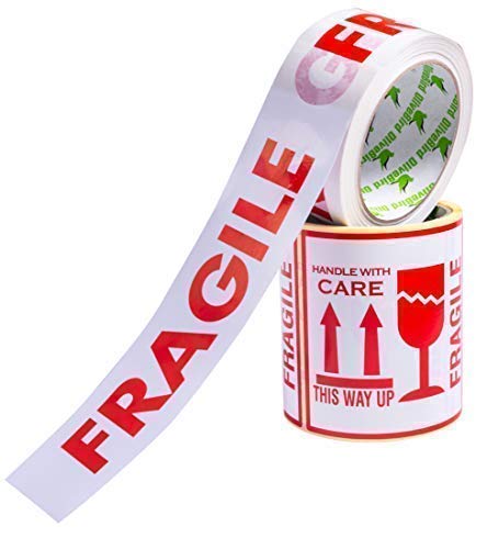 Conjunto de 100 etiquetas frágile calcomanías de tamaño grande de 10 x 10 centímetros más un (1) rollo de cinta de baja resonancia frágiles cinta de 50mm x 66mm para paquetes de embalaje.