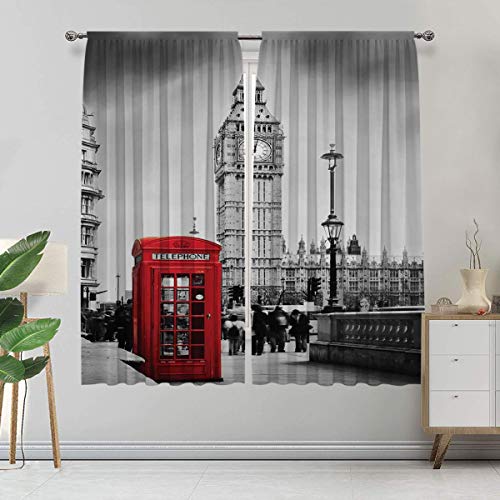 Cortinas opacas de Londres, famosa cabina telefónica y el Big Ben en Inglaterra, con símbolos de la ciudad retro, 2 paneles, cada panel de 42 pulgadas de ancho x 84 pulgadas de largo rojo gris