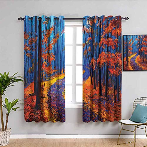 Country Decor - Cortina de ventana negra oscura y profunda en el bosque en otoño otoño temporada silencio calma magia naturaleza arte pintura mantener buen sueño naranja azul marino W42 x L63 pulgadas