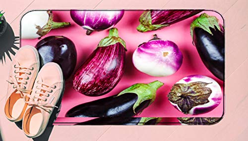 DIIRCYB Felpudo Lavable Antideslizante Interior Exterior de la Estera de la Puerta,Fresh Raw Eggplants of Different Color and Variety On A Pink Background,Alfombra de Cultivo de Bricolaje, para la al