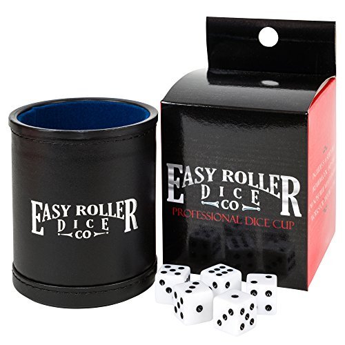 Easy Roller Dice Co. Professional Dice Cup | Black Leatherette Exterior with Blue Velvet Interior | Includes 5 Free 6-Sided Dice by
