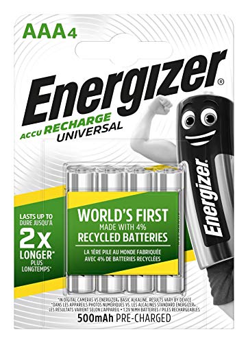 Energizer - Pilas Recargables Accu Recharge Universal 500 mAh HR03 AAA, 4 Pilas, Plata