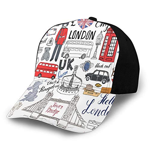 Fashion Casual Printed Baseball Cap,I Love London Double Decker Bus Telephone Booth Cab Crown of United Kingdom Big Ben,Unisex Baseball Cap