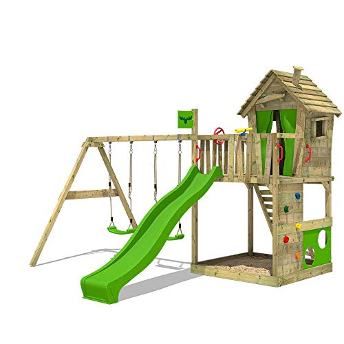 FATMOOSE Parque infantil de madera HappyHome Hot XXL con columpio SuperSwing y tobogán, Casa de juegos da exterior con arenero y escalera para niños