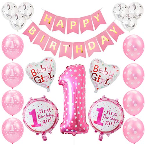 Globos de Cumpleaños Niña, 1er Cumpleaños Bebe Rosa Globos Decoracion, Globos de Confeti de Latex Ballon Party Cumpleaños 1 Año