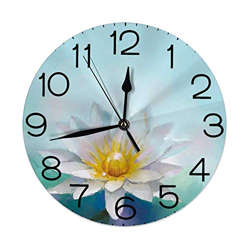 GoodLucke Reloj de Pared Decorativo para el hogar, Flor, Impresionista detallado Primer Plano Dibujo Loto como Margaritas Seedling Herb Imagen Imprimir, Blanco Azul