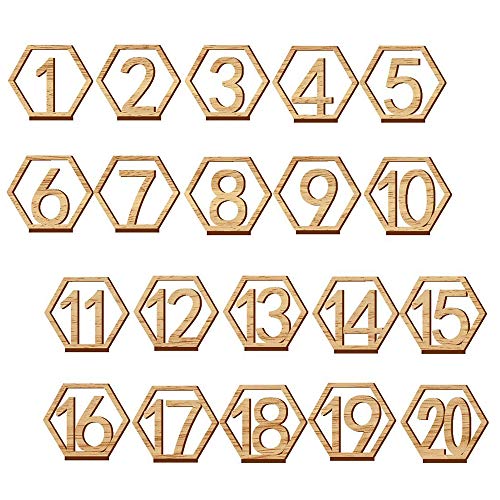gotyou 1-20 Tarjeta Digital de Madera,Hexagonal Números de Mesa de Madera,con Base de Soporte,Recepción de la Boda Decoracion de Catering