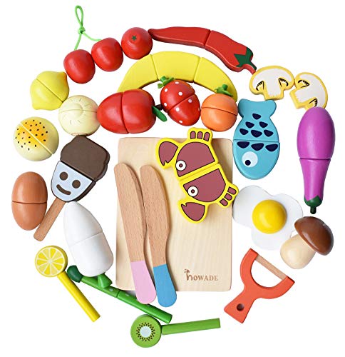 HOWADE Juego de Alimentos Play 30 Piezas, Alimentos de Corte de Madera Juego de Muebles y Frutas magnéticos de Cocina Juguete Educativo para niños en Edad Preescolar niños pequeños niños niñas