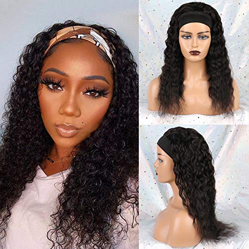 Huarisi Headband Wig Water Wave Wig Human Hair 150% Density Glueless Water Curls None Lace Front Wig Natural Colour Wig Machine Made 18 Inches for Black Women Daily Wear