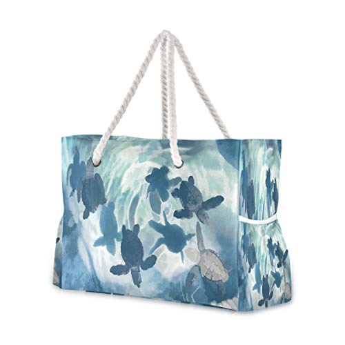 Hunihuni - Bolsa de playa para acuarela, diseño de tortuga de mar, con asas de cuerda de algodón, cremallera superior, dos bolsillos exteriores