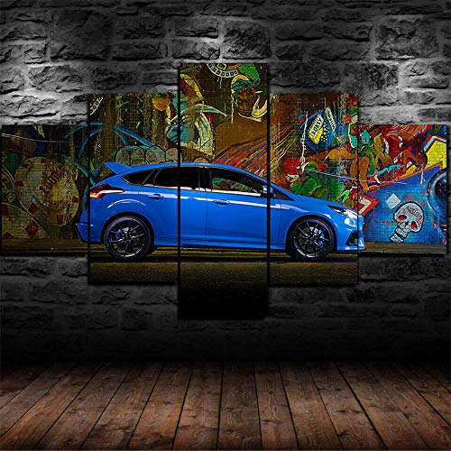 IIIUHU Cuadro sobre Impresión Lienzo 5 Piezas Listo para Colgar un Marco Coche Deportivo Ford Focus RS HD Arte De Pared Modulares Sala De Estar Dormitorios Decoración para El Hogar Póster