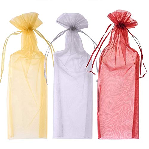 Iwinna Organza Wine Bottle Bags Wine Gift Bags 6.5 by 15 Inch For Holiday Bottle Wrapping, Wedding, Shower Party, Or Other Occasions, Gold, Silver and Wine Red, 24 Pieces