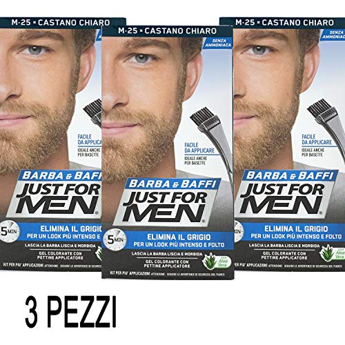 Just For Men - Barba y bigote - Tintura color permanente con pincel, sin amoniaco - Color castaño claro M-25 - Cantidad 2 x 14 ml - 3 Unidades