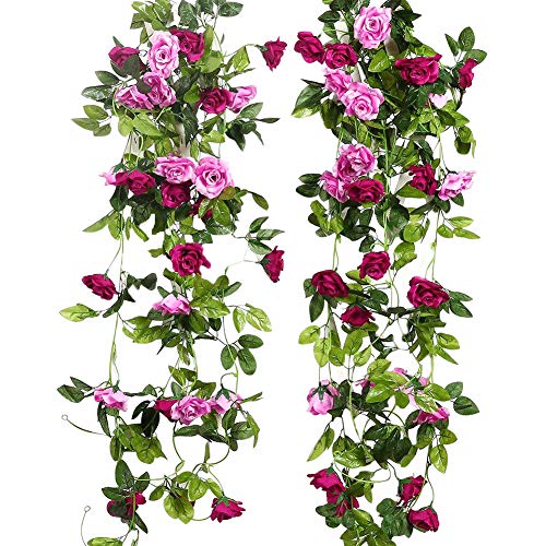 JUSTOYOU 2 Pack 7.8FT 13 Cabezas de Doble Color Artificial Falso Rose Garland Vides Colgando Flores de Seda para la decoración de la Pared de la Boda al Aire Libre Badroom (Magenta)