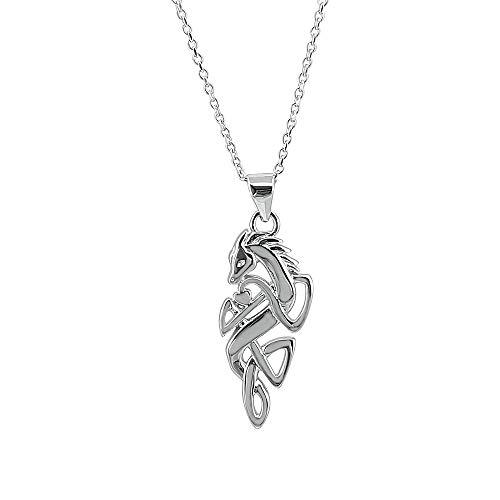 Kiara Jewellery - Colgante de plata de ley 925 con colgante de caballo en un nudo celta en plata de ley de 45,7 cm o cadena de bordillo.