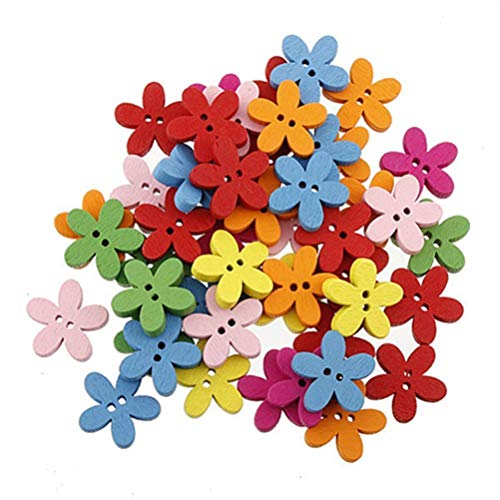 LIOOBO Botón de Madera de Flores Coloridas 100 Piezas - Botones de Costura de 2 Agujeros (Color Mixto)