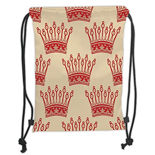LULUZXOA Gym Bag Printed Drawstring Sack Backpacks Bags,Queen,Crowns Pattern in Red Vintage Design Coronation Imperial Kingdom Nobility Theme Decorative,Light Brown Red Soft Satin