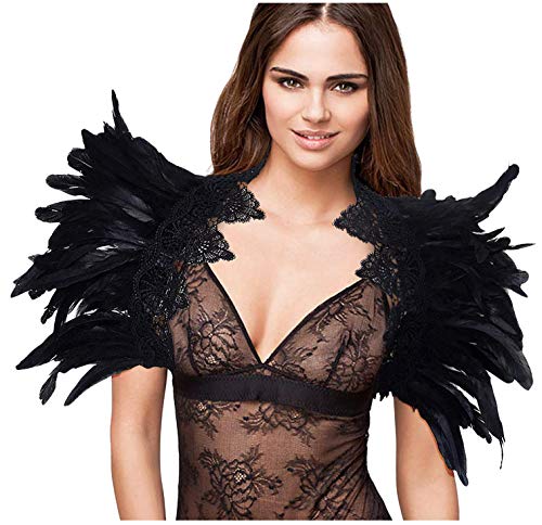 L'VOW Disfraz gótico de plumas negras para mujer, con alas de ángel, cuello de cuervo Tipo B. Talla única