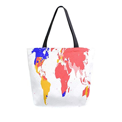 Map Of World - Bolsa de lona para compras y compras, lavable, reutilizable, para compras, viajes, pícnic, escuela