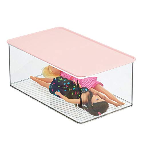 mDesign Caja organizadora para guardar juguetes – Juguetero apilable con tapa para habitación infantil – Organizador de plástico robusto para pinturas y manualidades – transparente/rosa claro