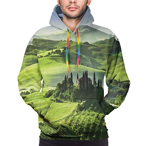Men's Hoodies 3D Print Pullover Sweatershirt,Sunrise In The Valley Dark Cloudy Sky Landscape Dramatic Pastoral Heaven Print,L