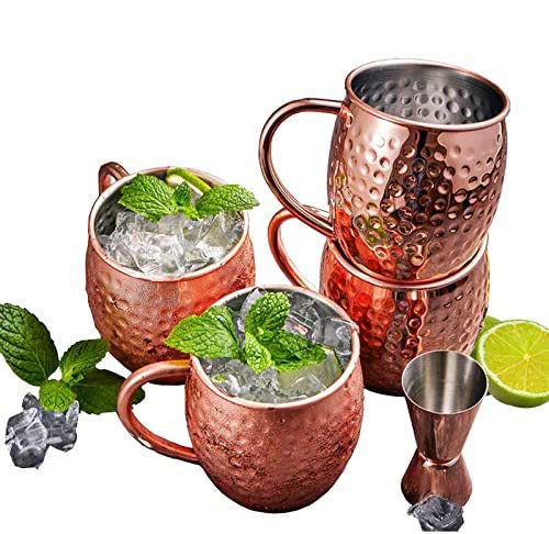 Moscow Mule - Juego de 4 tazas de cobre puro 100% hechas a mano, 16 onzas, set de regalo con 4 pajitas de cobre de cóctel, vaso de chupito y receta