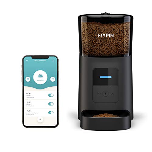 MYPIN Dispensador de alimento automático de 6L para perros y gatos, alimentador automático con función de grabación de sonido, temporizador y control remoto de la aplicación WiFi (negro)