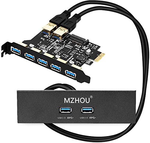 MZHOU Tarjeta de ExpansióN de 7 Puertos Pci-E a USB 3.0 con Conector de AlimentacióN de Alta Velocidad SATA de 19 Pines, y BahíA del Panel Frontal y Cables de AlimentacióN, para Win7/8/10/ XP/Linux
