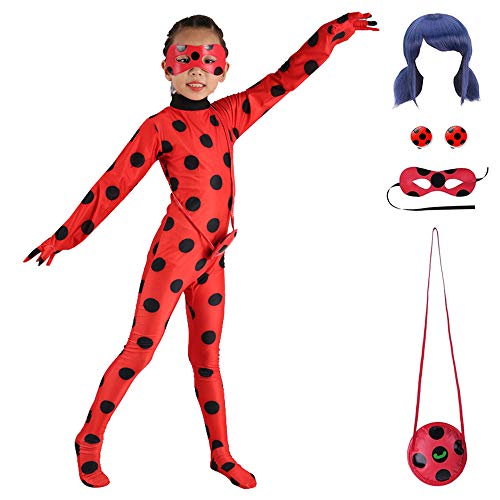 Niños Festivo Jumpsuit Ladybug Cosplay Disfraces Fiesta de Carnaval Navidad, Mono de Mariquita con máscara de Ojo, Bolso, Clip de Oreja y Peluca M
