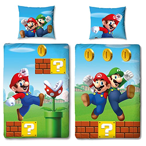 NINTENDO Super Mario - Juego de ropa de cama para niños, reversible, funda nórdica de 135 x 200 cm, 100% algodón