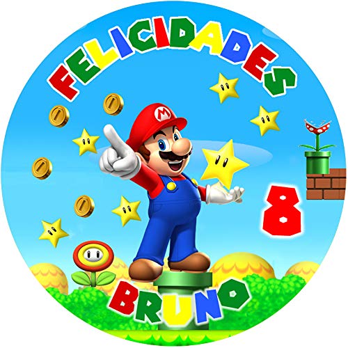 OBLEA de Super Mario Bros Personalizada con Nombre y Edad para Pastel o Tarta, Especial para cumpleaños, Medida Redonda de 20cm de diámetro