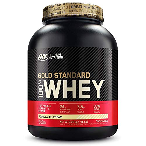 Optimum Nutrition ON Gold Standard 100% Whey Proteína en Polvo, Glutamina y Aminoácidos Naturales, BCAA, Helado de Vainilla, 76 Porciones, 2.28kg, Embalaje Puede Variar