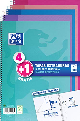 Oxford - Pack de 5 cuadernos (tapa extradura, 80 hojas, cuadrícula 4x4 con margen) Rosa Chicle/Ice Mint/Malva/Fucsia/Turquesa