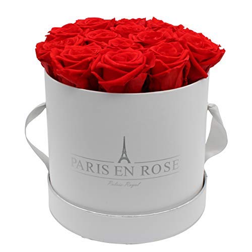 PARIS EN ROSE Palais-Royal Bijou, Rosas auténticas (conservadas), Caja de cartón Premium, Cinta de satén, Rojo, 18 cm