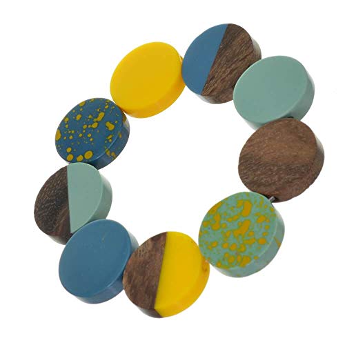 Rue B Playful Fashion Jewellery: Pulsera elástica con Monedas de Color Amarillo Brillante, Azul Cian y Azul Vaquero, Discos de Madera y Elementos de Efecto Moteado (SB22) B