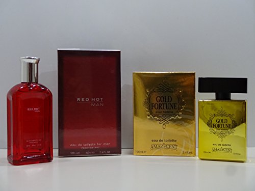 San Valentín Regalo para él ~ 2 X Perfumes para hombre ~ oro fortuna pour Homme 100 ml Eau de Toilette para hombres (sensacional fragancias) + rojo caliente hombre 100 ml EDT para hombre.