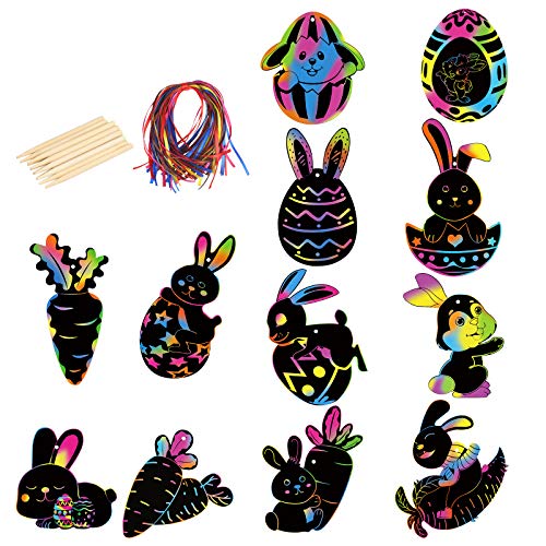 Scratch Art,LANMOK 48 hojas Conejo Papel de Rascar Niños Manualidades para Rascar Dibujo Scratch Láminas Regalo para Pascua Cumpleaños Infantiles Premios Especiales(12 palitos de Madera y 48 Cintas)