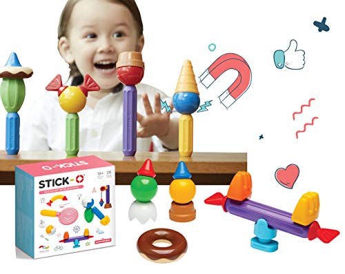 Stick-O Bloques de construcción magnéticos para niños Mayores de 1 año, Juguete de construcción Creativa, Juguete Educativo con imán, Juego de Roles, Juguete Montessori, Juego de 26 Piezas,