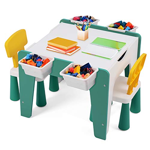 Sunix Mesa Multifuncional para niños con 2 sillas, Mesa de Actividades de Madera para niños y Mesa de Bloques de construcción con 4 Espacios de Almacenamiento para Aprender, Dibujar, Jugar y Comer