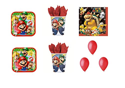 Super Mario Bros y Luigi Día – Kit N ° 19 cdc- (32 platos, 32 vasos, 40 servilletas, 100 globos rojos)